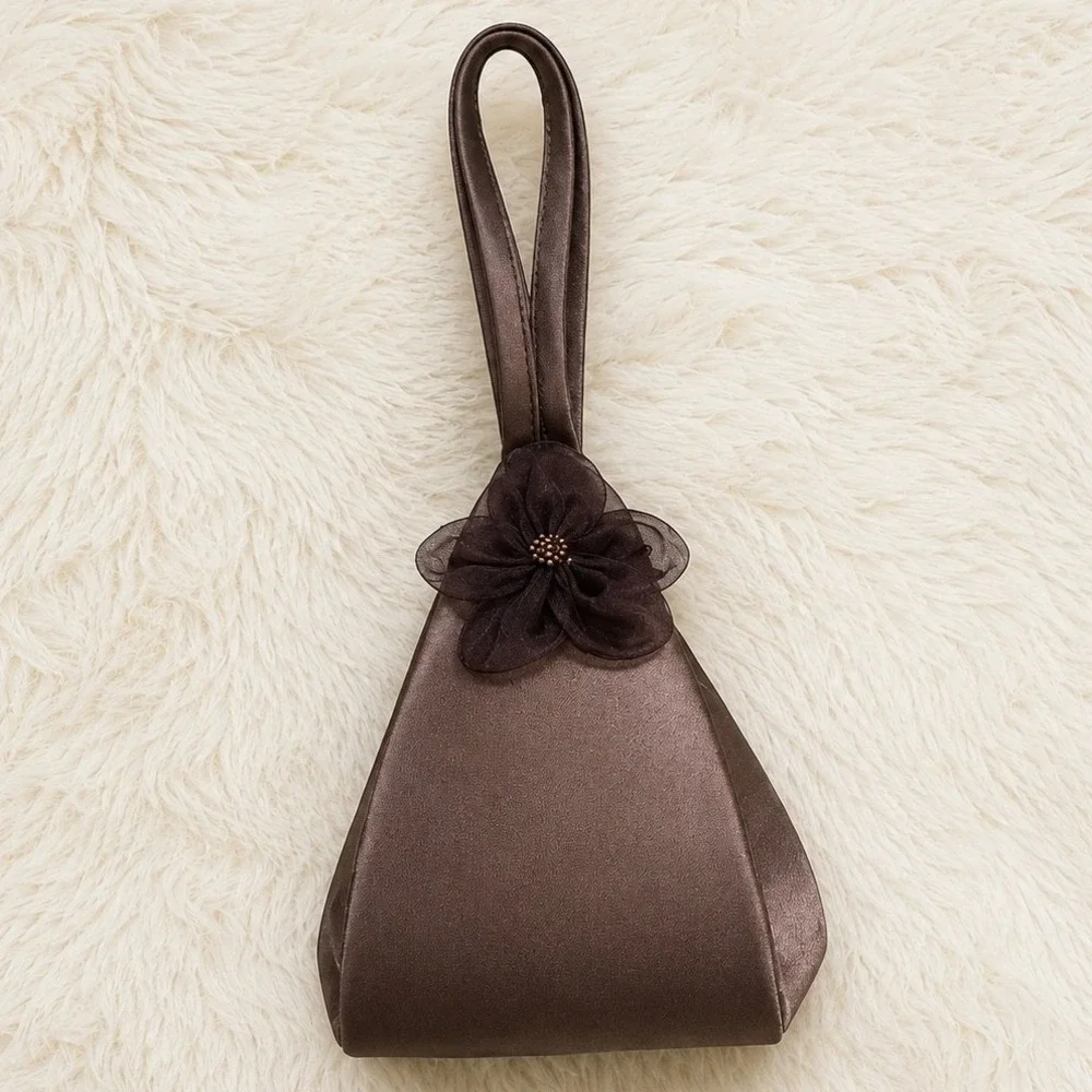 Moni Couture Womens Brown Satin Pyramid Wristlet Evening Bag Floral Accent Italy